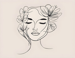 Abstract face with flowers by one line vector drawing background