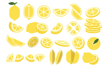 Wall Mural - Set of Yellow Lemon, Farm fresh Lemon product emblem for grocery shop, Slides, long and cross sections, and different positions, simple flat vector illustration of vegetables and fruits.