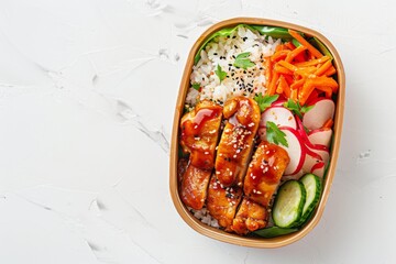 A neatly arranged bento box featuring teriyaki chicken, rice, and pickled vegetables, with a light background and copy space.Teriyaki chicken.Asian cuisine.Teriyaki.Teriyaki soy sauce.