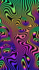 Wall Mural - Psychedelic colorful retro groovy liquid trippy waves background. Rainbow neon gradient colors abstract pattern, maze wave of ornaments.