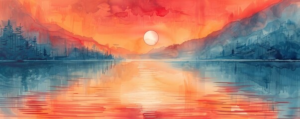 Wall Mural - Watercolor abstract sunset over lake with reflections on white.