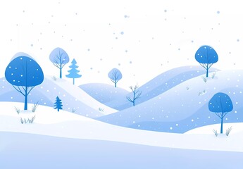 Wall Mural - A flat vector illustration of simple snow scene with blue color, hills and trees in the background