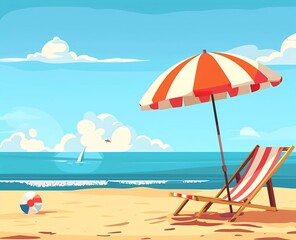 Wall Mural - Beach umbrella with lounge chair and ball on summer beach background flat vector illustration.