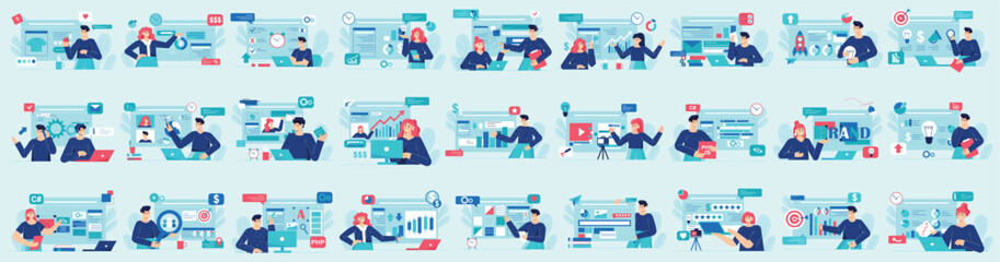 Wall Mural - mega set of blue color concepts with people scene in flat cartoon design. a massive collection of br
