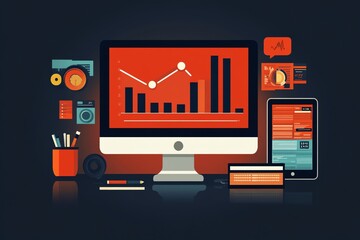 Leinwandbilder - Flat Design Computer Screen With Charts And Graphs.