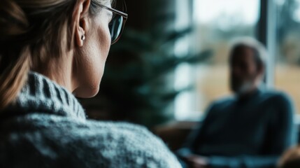 Two people engaged in a deep conversation in a cozy setting, with one facing the other, highlighting the theme of communication, understanding, and connection.