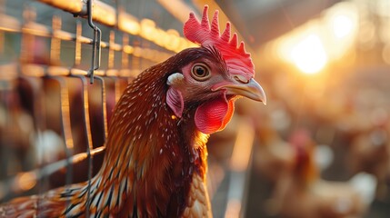 Wall Mural - Poultry farm. Chickens. Chicken egg factory. Red chickens sit in special cages at the production facility. Agro-industrial company. Bird flu.