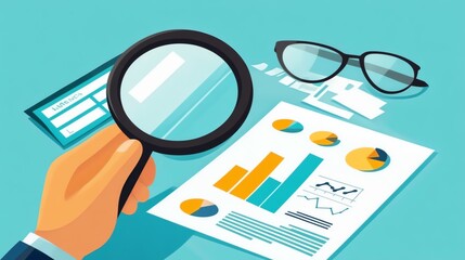 Aufkleber - Hand Holding Magnifying Glass Over Business Charts.
