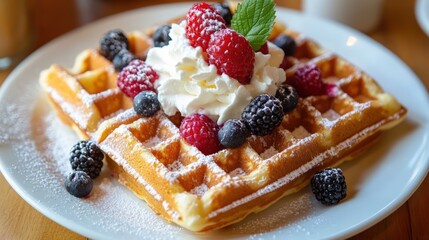 Canvas Print - Delicious Waffles with Whipped Cream and Fresh Berries