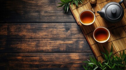 Traditional Chinese tea set with teacups, teapot, and bamboo mat on a dark wooden table, with copy space on one side.