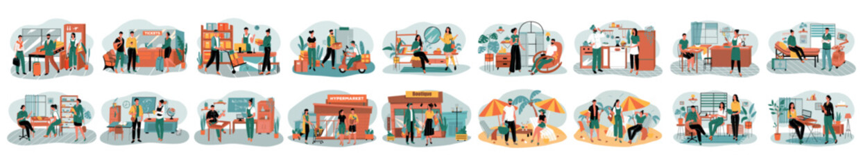 Wall Mural - mega set of different interior concepts with people scene in flat cartoon design. each scene in this