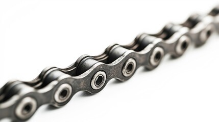 Detailed close-up of a dark gray bicycle chain on a white background. The chain features a repeating pattern of links, perfect for cycling enthusiasts.