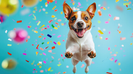 Playful dog jumping toward the camera on a bright blue background with confetti and balls. Advertisement poster