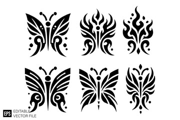 Wall Mural - tribal flame butterfly tattoo Illustrations Clip Art  Graphic Design Elements Black and White Vector Silhouette