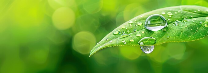 Close-up of fresh green leaf with water droplets, capturing nature's purity and freshness in a vibrant background.