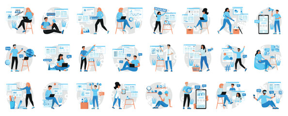 Wall Mural - bundle of blue concepts with people scene in flat cartoon design. a huge collection of vivid illustr