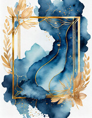 Wall Mural - Golden frame with navy blue ink waves or watercolor paint stains on a white background