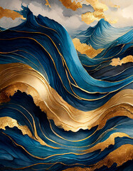 Wall Mural - Luxury background with blue and gold ink waves and glitter