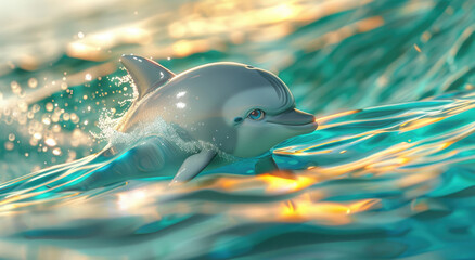 Wall Mural - A cute baby dolphin is surfing on the waves, with its head and body sticking out of the water