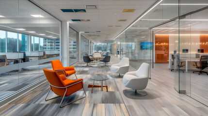 Wall Mural - an open concept office interior design layout with collaborative zones, comfortable lounge areas, and flexible meeting spaces. glass partitions 