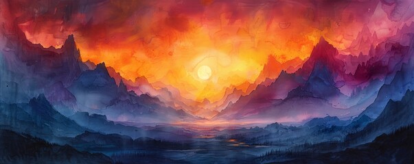 Wall Mural - Watercolor abstract sunrise over valley with light rays on white.