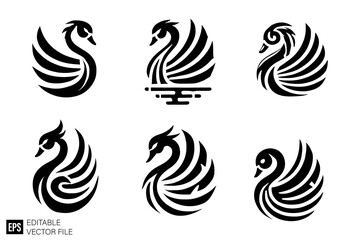 set of swan Black and White Vector Silhouette Illustrations Clip Art  Graphic Design Elements