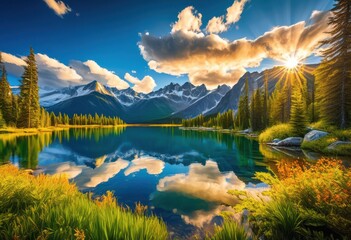 vibrant landscapes featuring stunning natural wonders like lush majestic crystal clear lakes under bright blue skies, nature, forest, mountain, sky