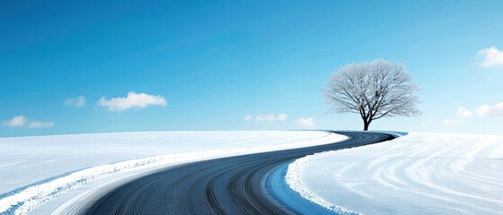 Lonely tree on a snowy landscape with a winding road under a clear blue sky, capturing the serene beauty of winter's solitude.