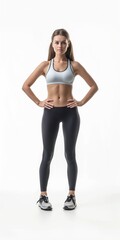 Sticker - A woman is standing in front of a white background with a black and white outfit. She is wearing a black and white sports bra and black pants. She is posing for a picture and she is confident