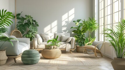 Wall Mural - Modern eco living space with a comfortable white sofa near wicker green pouf seat and wicker armchair decor, green tropical houseplants against a white wall backdrop