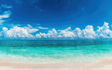 Wall Mural - Stunning turquoise ocean waves, clear blue sky with white clouds, and sandy beach. Ideal for travel, tourism, and nature themes.