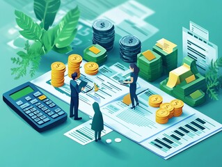 Aufkleber - Business people working with financial documents and money.