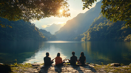 A small musical group plays instrumental music by a serene lake, creating a peaceful atmosphere with tranquil surroundings and harmonious melodies.