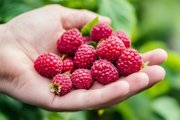 Sticker - Hand holding freshly picked raspberries in a lush garden during summer