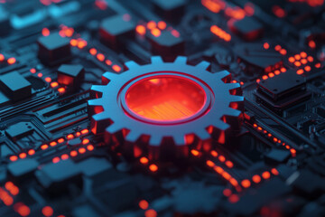 Wall Mural - Close-up of a red gear symbol on a circuit board, illuminated with vibrant lights, representing technology, innovation, and mechanical engineering.