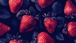 © mashimara - Realistic seamless pattern of vibrant strawberries with green leaves on a dark background. Ideal for fresh, bold, and summery designs.