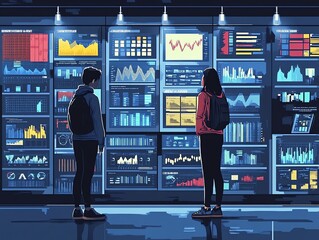Aufkleber - Two people looking at data on a wall of screens.