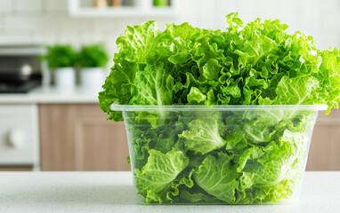 Wall Mural - Fresh green lettuce leaves arranged in a clear plastic container, placed on a kitchen counter, symbolizing healthy eating and organic food.