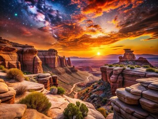 Wall Mural - Vibrant orange and purple hues illuminate a serene desert canyon landscape at sunset, with rustic rock formations and sparse vegetation under a vast, starry sky.