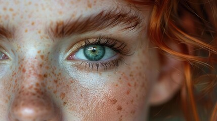 Close-up of a person's freckled face with vibrant blue eyes and red hair, highlighting natural beauty and detail.