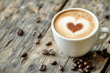 Wall Mural - Cup of coffee latte with heart shape and coffee beans on old wooden background - generative ai