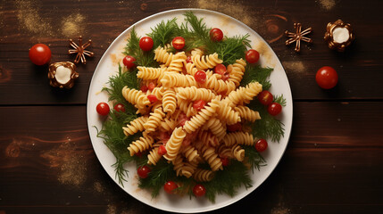 Composition with plate of tasty pasta in the shape of a Christmas tree