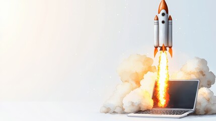 A digital concept of a rocket launching from a laptop, symbolizing innovation, technology, and the future of digital growth.