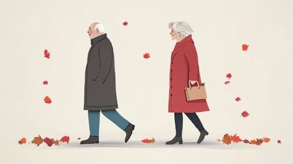 Senior couple walking in autumn.