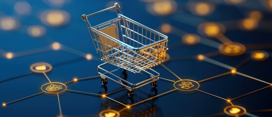 A digital shopping cart symbolizing e-commerce and online retail growth, surrounded by network connections and technology icons.