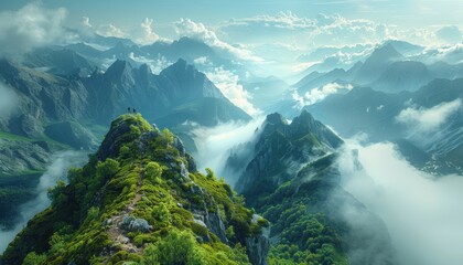 Poster - Mountain Peak with Mist and Clouds