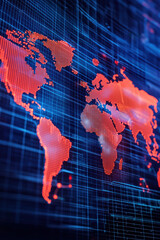 Wall Mural - Futuristic digital world map showing Earth continents in bright red against an abstract blue grid background, symbolizing global technology.