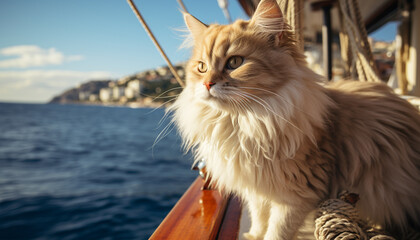 Poster - Cute kitten sitting outdoors, looking at camera, enjoying summer generated by AI