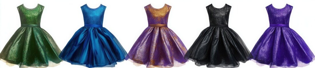  different color of children's dress, green purple yellow black blue dress with sequin in white background