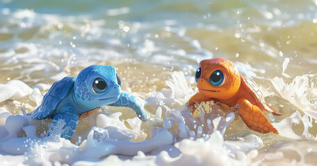 Wall Mural - Two cute baby turtles, one blue and the other orange, both smiling with big eyes, playing in the ocean waves